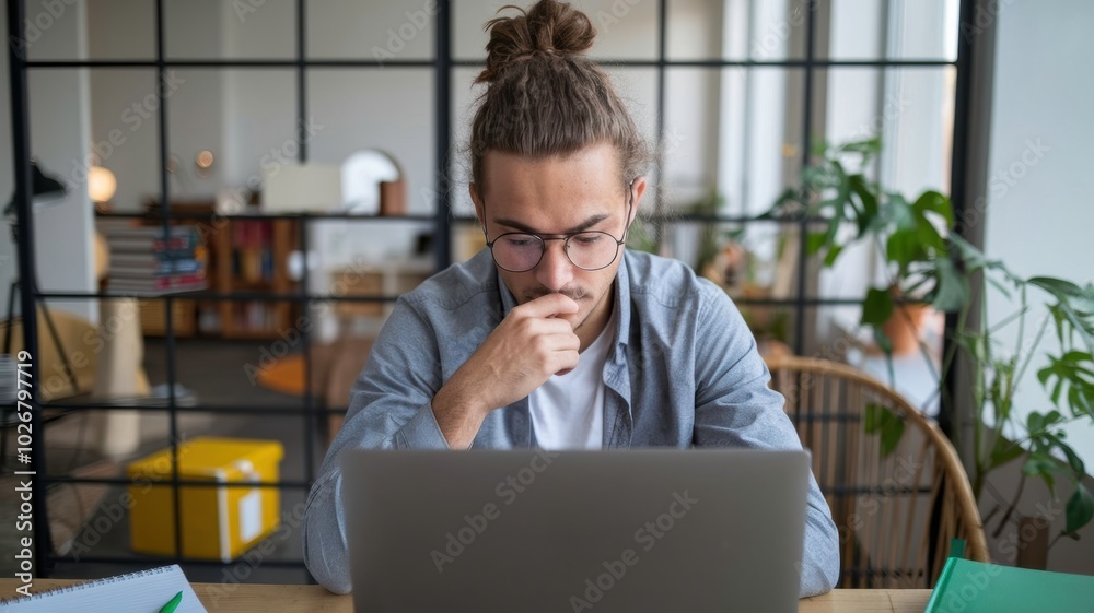 A Young Man Deep in Thought as He Works on His Laptop Surrounded by Plants and Books in a Cozy Indoor Space. Generative AI A Young Man Deep in Thought as He Works on His Laptop Surrounded by Plants and Books in a Cozy Indoor Space. Generative AI
