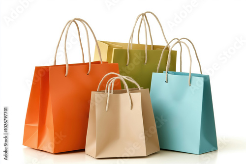 Colorful paper shopping bags in various sizes arranged aesthetically on a white background