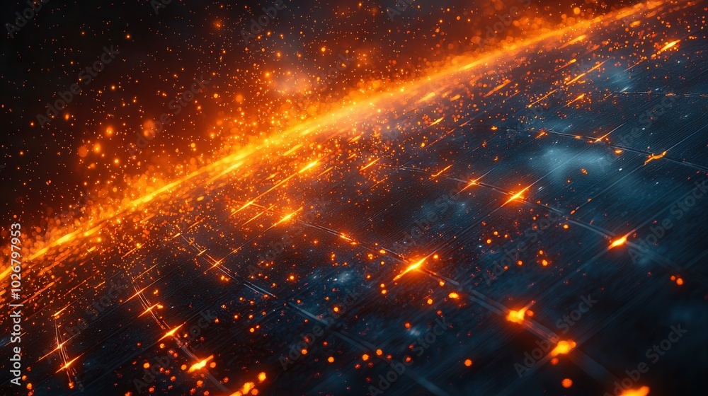 Fototapeta premium A stunning abstract representation of flowing lava on a cosmic backdrop, with sparks and glimmers across a dark space theme.