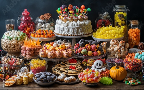 Whimsical view of a Halloween dessert table overflowing with spooky cookies, gummy candies, and vibrant decorations, capturing the essence of the holiday