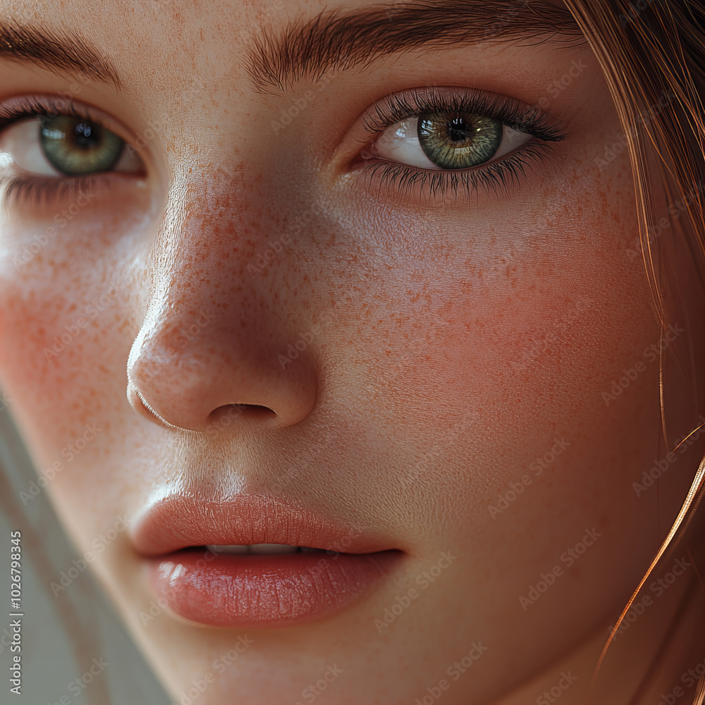 A young woman with striking green eyes and freckles gazes thoughtfully, capturing a moment of serene beauty indoors in soft lighting A young woman with striking green eyes and freckles gazes thoughtfully, capturing a moment of serene beauty indoors in soft lighting