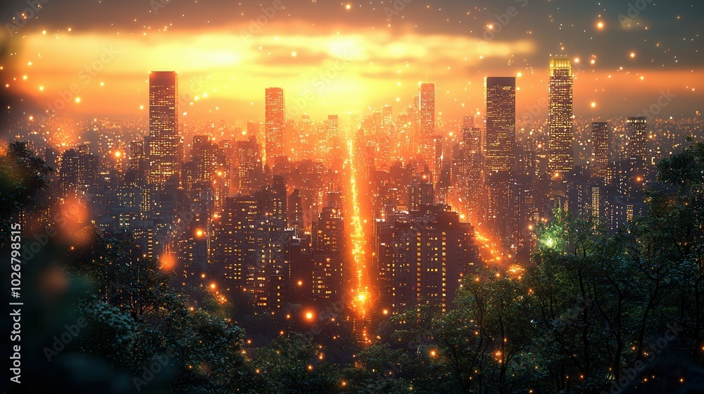 A stunning view of a city skyline illuminated by a vibrant sunset, showcasing skyscrapers and glimmering lights. The atmosphere is magical and serene. A stunning view of a city skyline illuminated by a vibrant sunset, showcasing skyscrapers and glimmering lights. The atmosphere is magical and serene.
