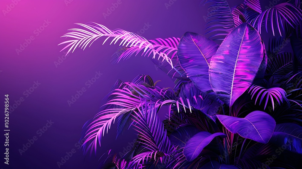 On a violet backdrop a sleek stylish lime firing light shows neon purple tree tropical leaves On a violet backdrop a sleek stylish lime firing light shows neon purple tree tropical leaves