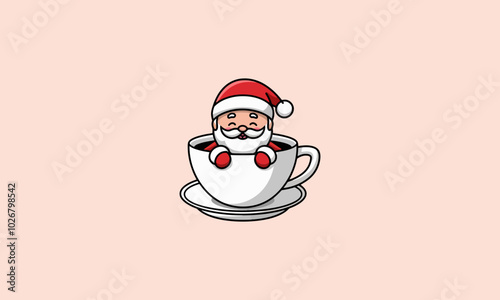 Cute Santa inside a teacup, wearing a red hat.