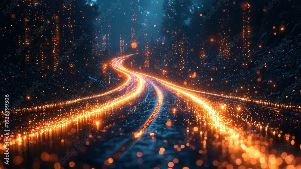A mesmerizing view of a winding road surrounded by trees, illuminated with sparkling orange lights, creating a magical atmosphere at night. A mesmerizing view of a winding road surrounded by trees, illuminated with sparkling orange lights, creating a magical atmosphere at night.