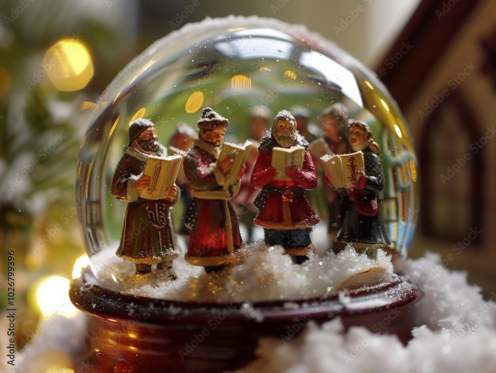 Miniature carolers inside snow globe create festive holiday scene, surrounded by snow and warm lights, evoking sense of joy and nostalgia Miniature carolers inside snow globe create festive holiday scene, surrounded by snow and warm lights, evoking sense of joy and nostalgia