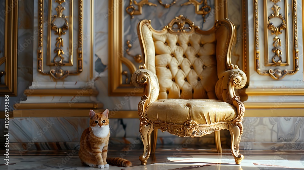 Outside a royal palace an elegant gold armchair with a cute kitty