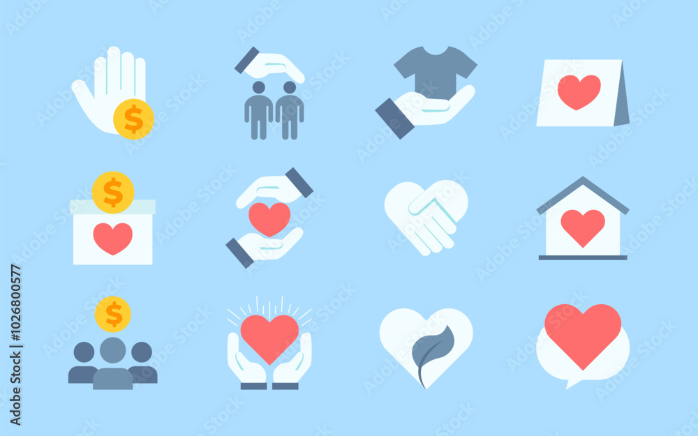 Set of flat icons related to Donation. Donations and care Linear icon collection Set of flat icons related to Donation. Donations and care Linear icon collection