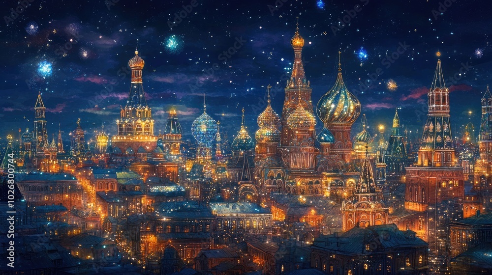 Fototapeta premium Stunning cityscape of ornate buildings and domes covered in sparkling diamonds and precious jewels, glowing under the night sky