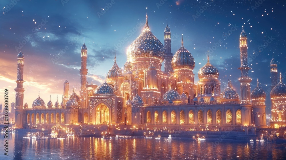Obraz premium A beautiful cityscape with ornate buildings and domes, encrusted with dazzling diamonds and precious jewels, glowing in the evening light