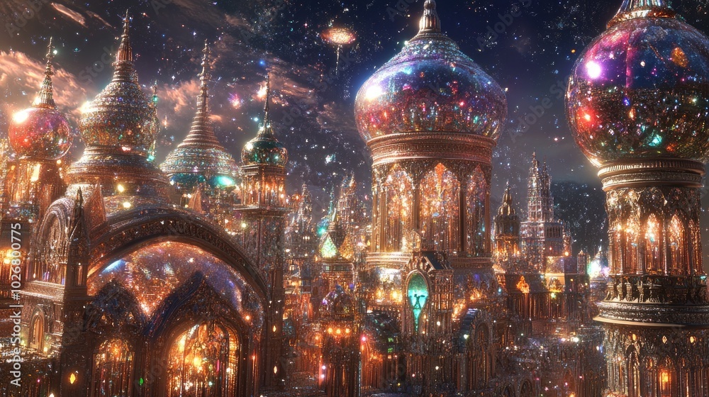A city of intricate buildings and domes, adorned with dazzling diamonds and luxurious jewelry, reflecting light in every direction A city of intricate buildings and domes, adorned with dazzling diamonds and luxurious jewelry, reflecting light in every direction
