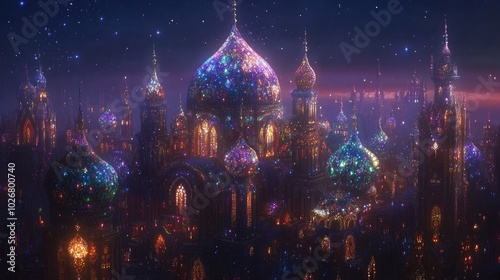 Stunning cityscape of ornate buildings and domes covered in sparkling diamonds and precious jewels, glowing under the night sky