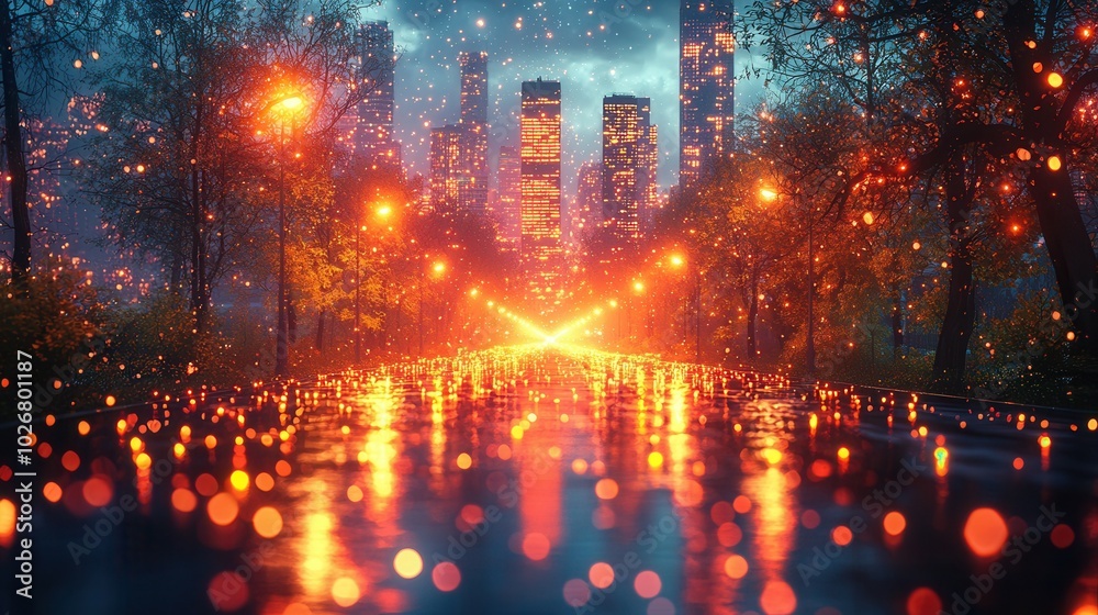 A mesmerizing view of a city street illuminated by orange lights, reflecting a vibrant atmosphere with trees lining the road. A mesmerizing view of a city street illuminated by orange lights, reflecting a vibrant atmosphere with trees lining the road.
