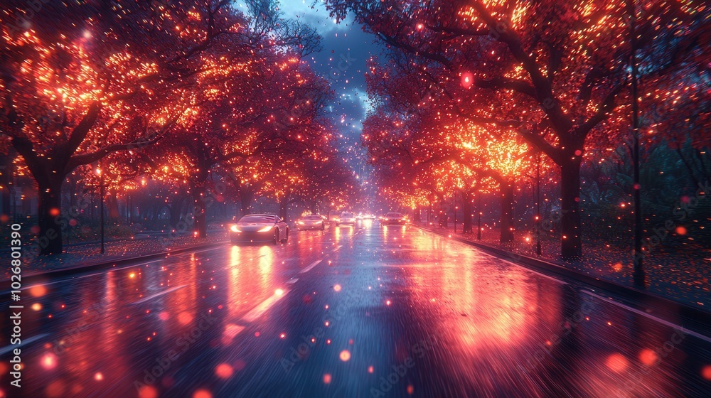 A picturesque nighttime view of a city street illuminated by colorful trees, creating a magical ambiance as cars pass by on the wet road. A picturesque nighttime view of a city street illuminated by colorful trees, creating a magical ambiance as cars pass by on the wet road.