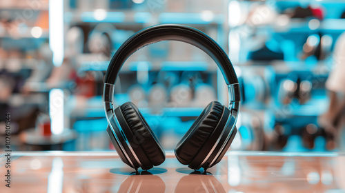 Sleek headphones on a store background, attractively positioned with slight tilt, symbolizing a sale, emphasizing modern design and audio technology.