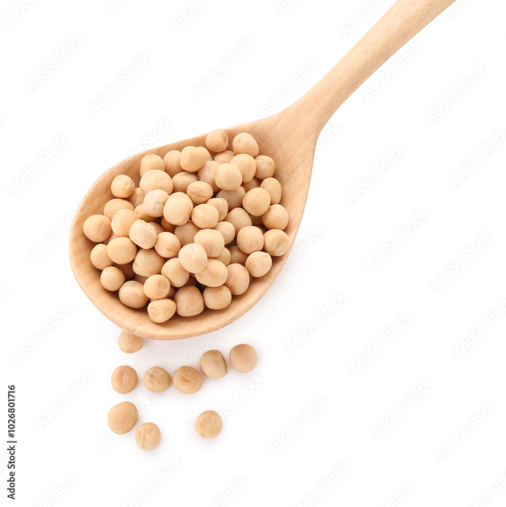 Spoon with dried peas isolated on white, top view Spoon with dried peas isolated on white, top view