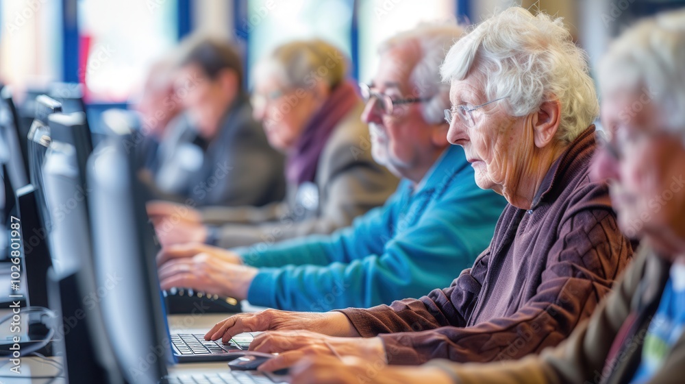 Fototapeta premium A group of older adults is focused on learning computer skills using laptops and desktops in a classroom setting. Generative AI