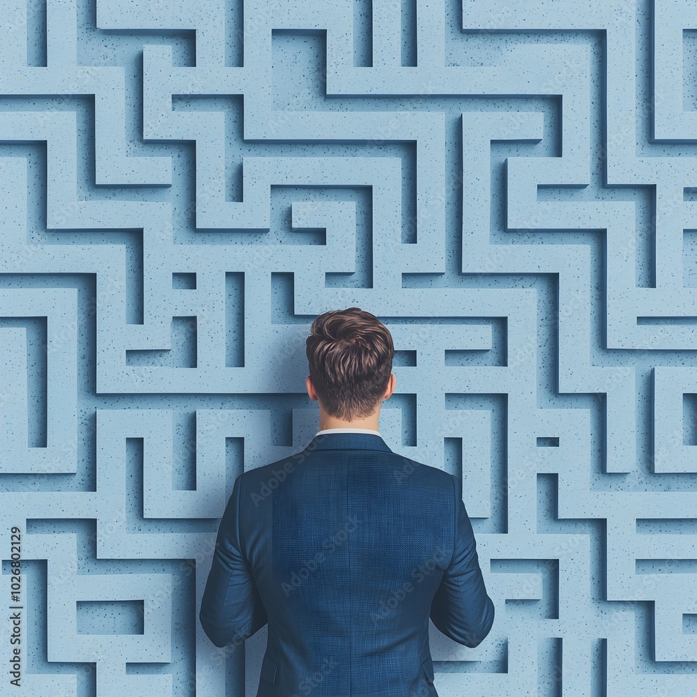 Businessman contemplating a complex maze wall