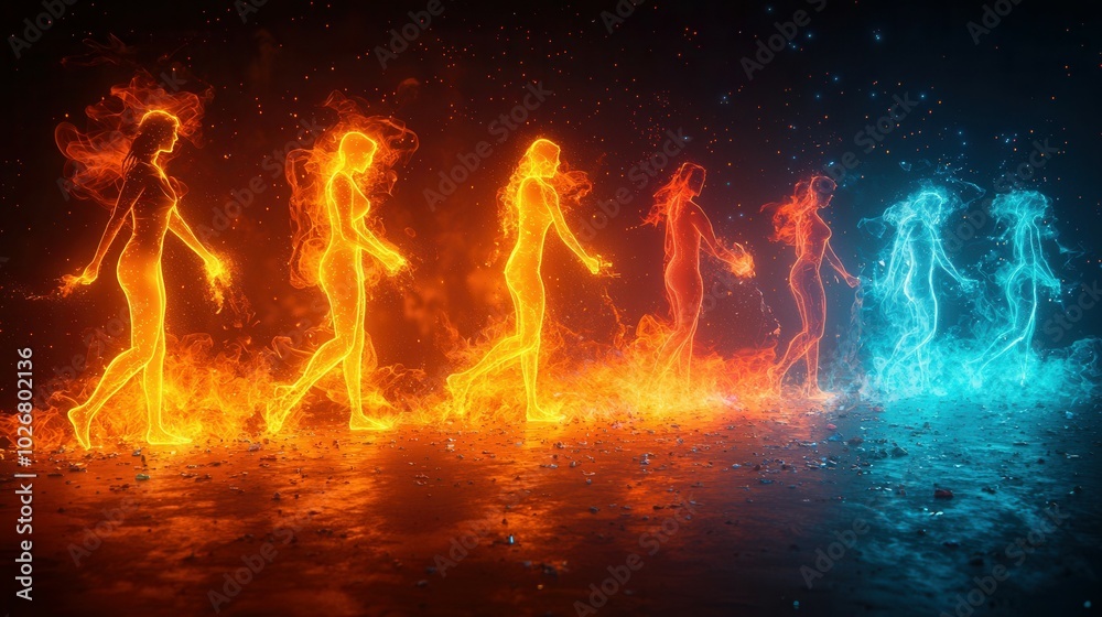 This artistic image features glowing figures in various colors walking amidst a fiery and mystical backdrop. It's a unique visual representation. This artistic image features glowing figures in various colors walking amidst a fiery and mystical backdrop. It's a unique visual representation.