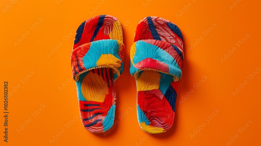 Plush patterned slippers in a set on a vivid orange backdrop