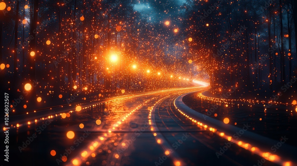 A mesmerizing view of a winding trail illuminated by golden orbs in a dark forest, showcasing nature's enchanting beauty at dusk. A mesmerizing view of a winding trail illuminated by golden orbs in a dark forest, showcasing nature's enchanting beauty at dusk.