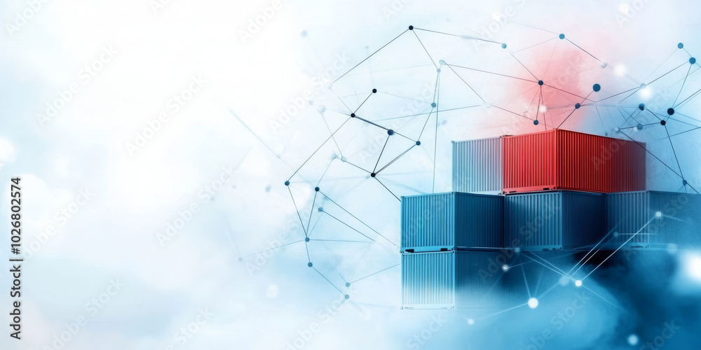 Fototapeta premium A stack of shipping containers with a red container on top, connected by a network of lines and dots.