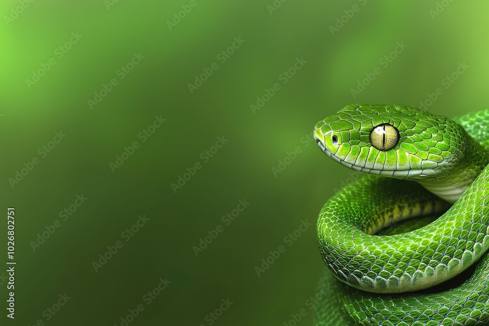 Fototapeta premium Green snake symbol: Text 2025 featuring Green Tree Snake, representing strength, wisdom for Chinese New Year, emphasizing themes of renewal, balance, prosperity in lunar calendar.