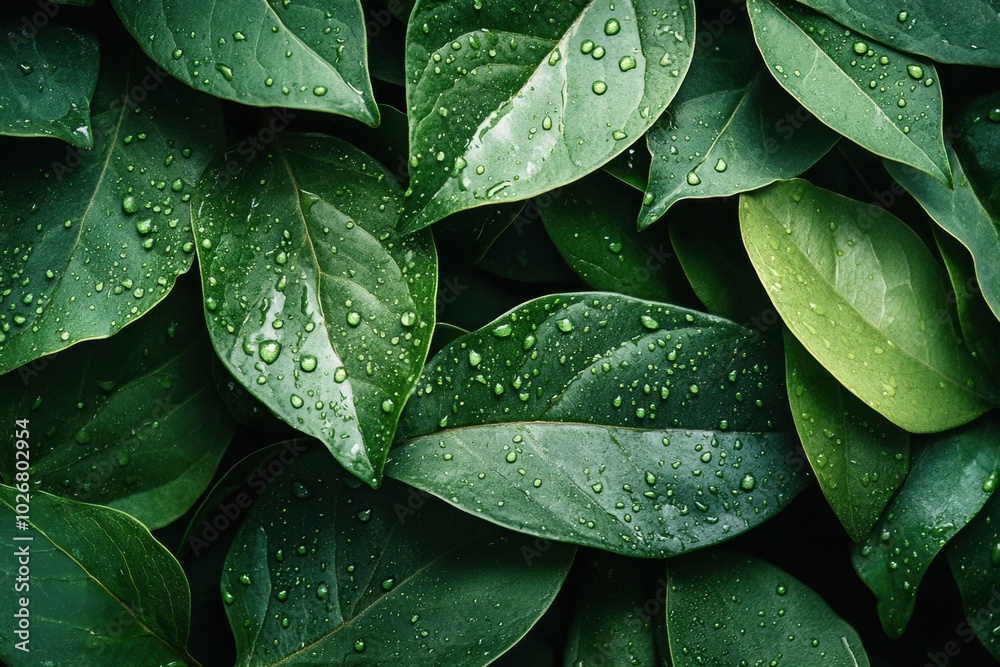 Obraz premium Fresh green leaves adorned with water droplets create a vibrant atmosphere, showcasing nature's beauty and vitality after recent rainfall. Generative AI