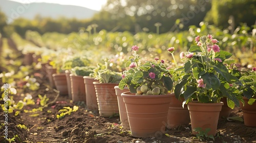 Pots of flowers standing at a vegetable plantation