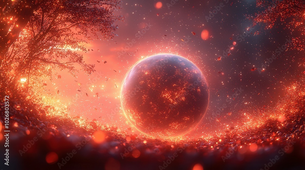 A captivating cosmic scene featuring a glowing planet surrounded by an ethereal atmosphere with floating particles and vibrant colors of red and orange. A captivating cosmic scene featuring a glowing planet surrounded by an ethereal atmosphere with floating particles and vibrant colors of red and orange.