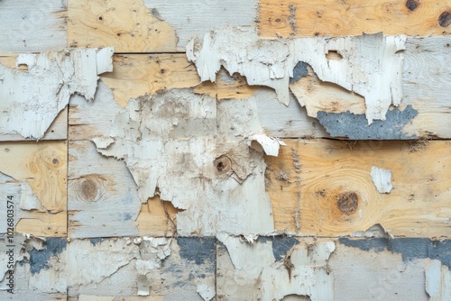 Background and texture of old wooden wall. Old plywood boards rotted and torn, saw the inner surface with copy space for text input - generative ai