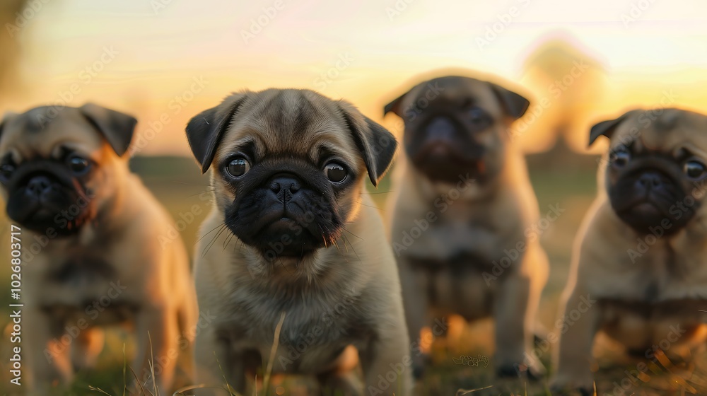 Pug puppies up close toward a backdrop of a setting lake Pug puppies up close toward a backdrop of a setting lake