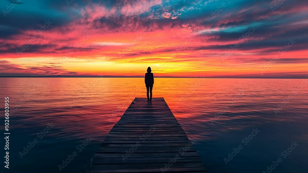 A lone figure stands on a wooden dock overlooking a vibrant sunset over a calm lake