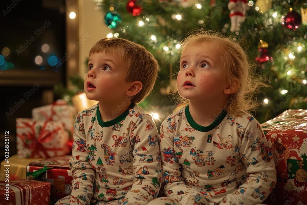 Holiday eagerness: children sitting closely by twinkling tree, soft glow from ornaments creating cozy atmosphere, filled with joyous whispers, dreams of gifts on magical Christmas morning. Holiday eagerness: children sitting closely by twinkling tree, soft glow from ornaments creating cozy atmosphere, filled with joyous whispers, dreams of gifts on magical Christmas morning.