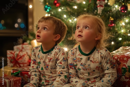 Holiday eagerness: children sitting closely by twinkling tree, soft glow from ornaments creating cozy atmosphere, filled with joyous whispers, dreams of gifts on magical Christmas morning.