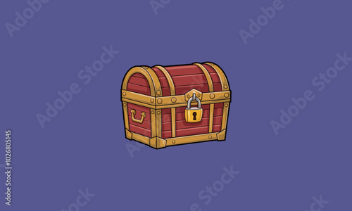 A locked treasure chest with golden trim and red wood.