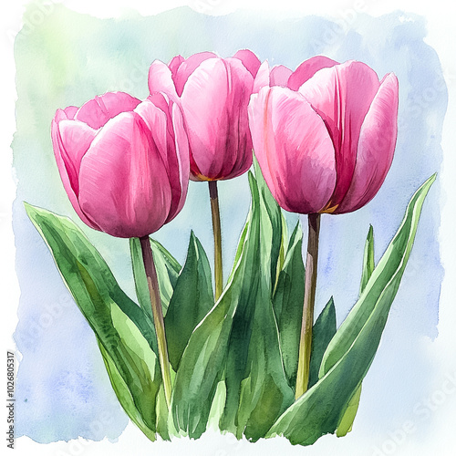 Watercolor of pink tuplip. photo