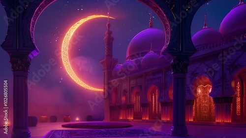 Ramadan kareem with a violet backdrop and an orange crescent sky for the holiday of eid mubarak