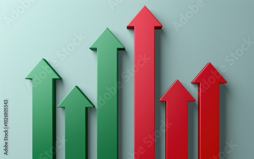 Green and red arrows pointing upward on a gradient background. Financial growth and investment concept.