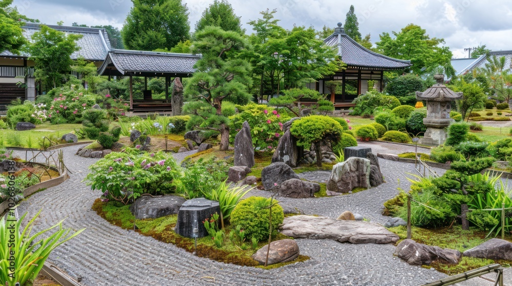 Traditional Japanese Garden with Winding Gravel Path and Stone Lanterns Traditional Japanese Garden with Winding Gravel Path and Stone Lanterns