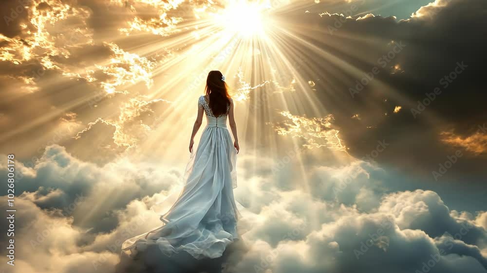 A woman in a white dress walks towards the bright sun shining through the clouds A woman in a white dress walks towards the bright sun shining through the clouds