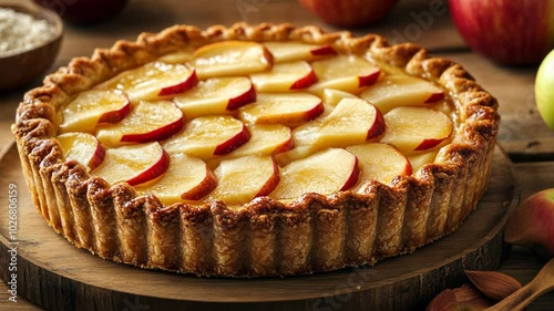 A freshly baked apple tart with a flaky crust and sweet filling sits on a wooden table