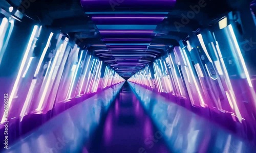 futuristic soundbars glowing brightly, rising and falling rhythmically in a neon-lit tunnel. photo