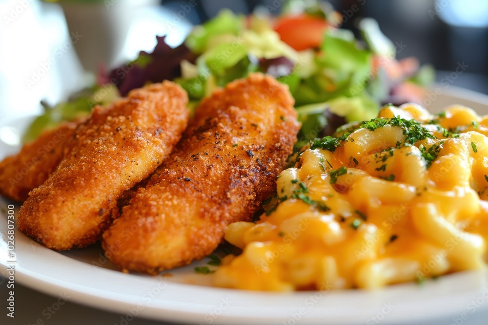 Chicken strips with macaroni and cheese and salad - generative ai Chicken strips with macaroni and cheese and salad - generative ai