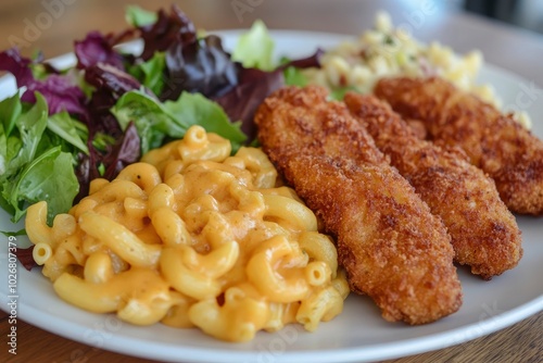 Chicken strips with macaroni and cheese and salad - generative ai