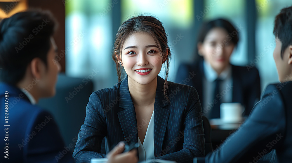 A group of young Asian business people in suits sitting at a table and talking, smiling happily, with an office background A group of young Asian business people in suits sitting at a table and talking, smiling happily, with an office background