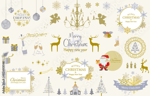 キラキラお洒落な、クリスマスのイラスト（フレーム　見出し　タイトル　エンジェル　サンタクロース　雪　結晶）