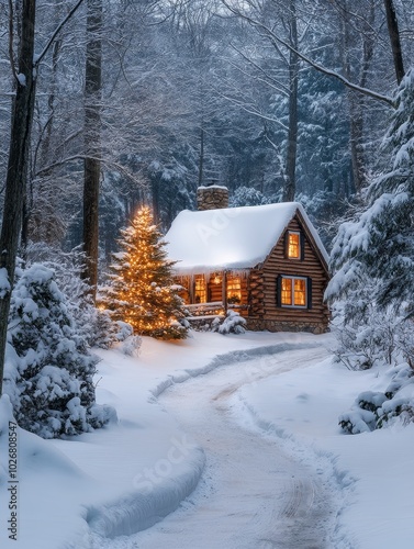 Snowy Cabin Path with Christmas Tree Lights