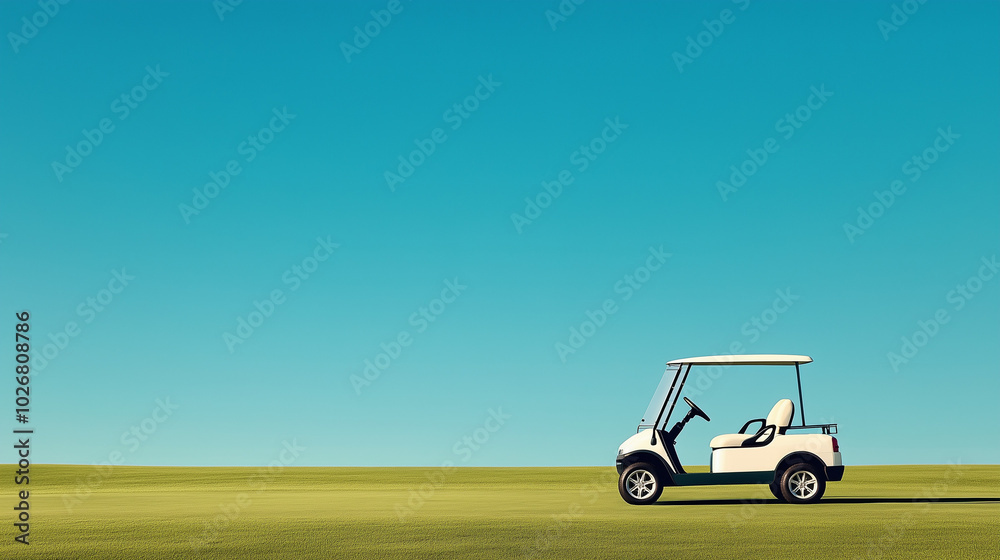 Fototapeta premium The bright morning light highlights a lone golf cart parked on a lush green fairway, with an expansive blue sky above it