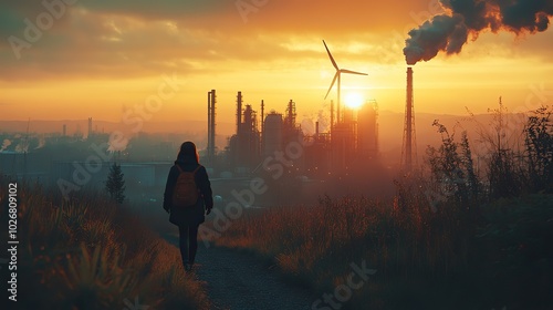 Wallpaper Mural a person walking towards a wind turbine and industrial plant symbolizing the transition to green technology Torontodigital.ca